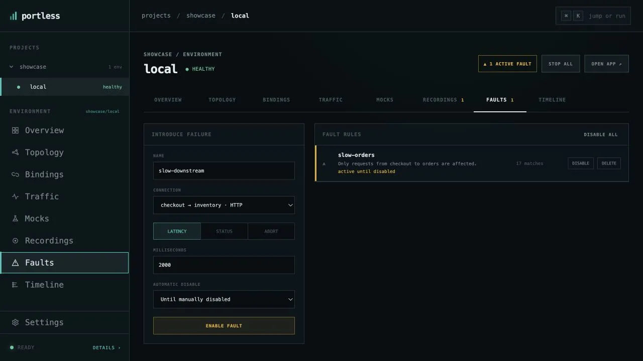 Portless Faults page showing an active slow orders rule and the targeted latency editor