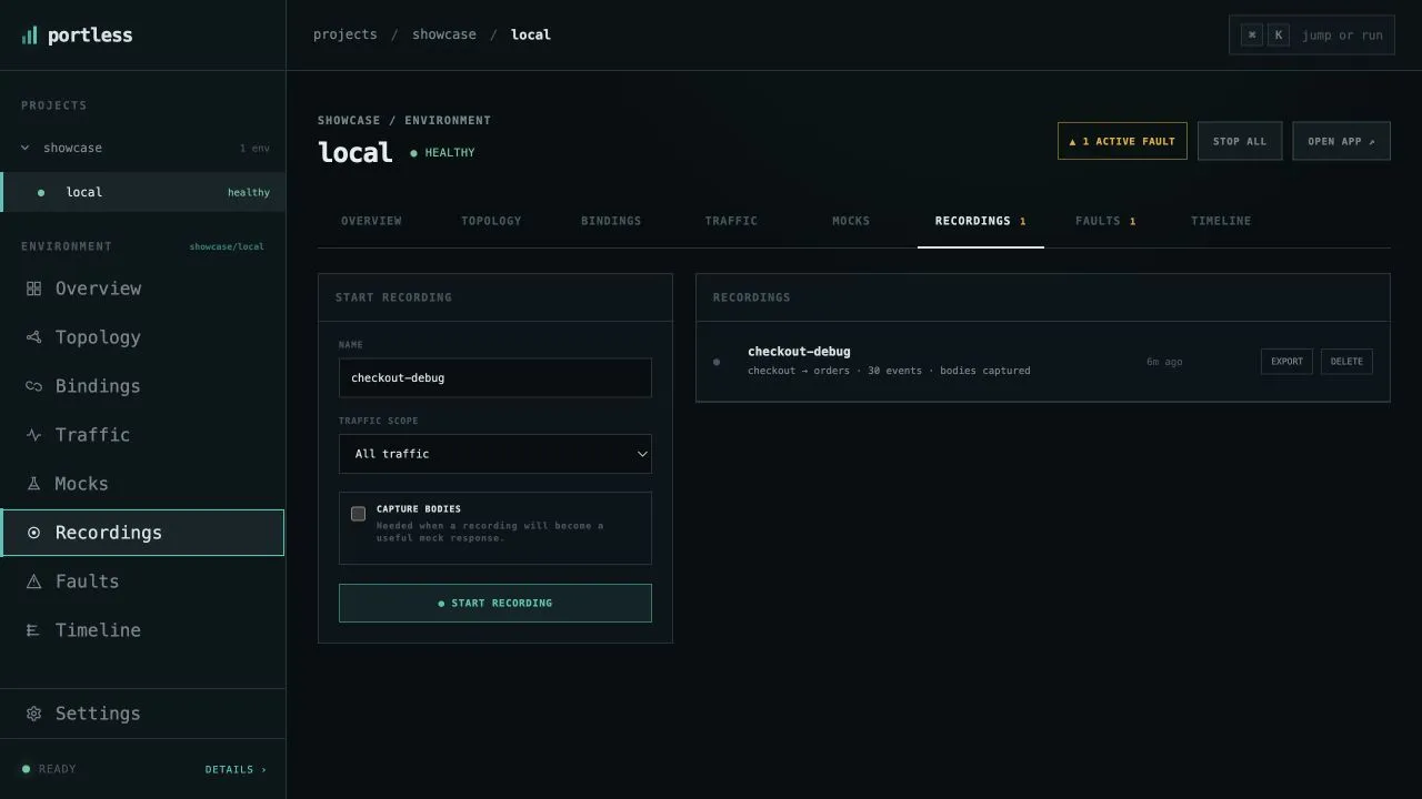 Portless Recordings page showing a stopped checkout debug recording with 30 captured events